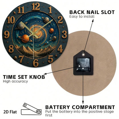 1Pc 2D Flat Galaxy Universe Stars Planets Print Wall Clock, 12Inch Silent Wooden Round Clock For Nursery Bedroom Kitchen Office