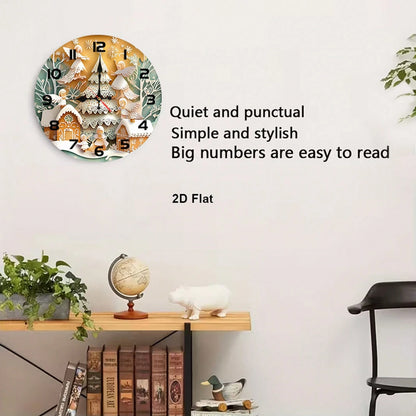 1Pc 2D Flat Golden Angel Gingerbread House Print Wall Clock, 12Inch Silent Wooden Round Clock For Nursery Room, Christmas Nursery Home Decor Gift