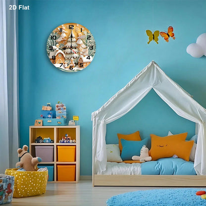 1Pc 2D Flat Golden Angel Gingerbread House Print Wall Clock, 12Inch Silent Wooden Round Clock For Nursery Room, Christmas Nursery Home Decor Gift
