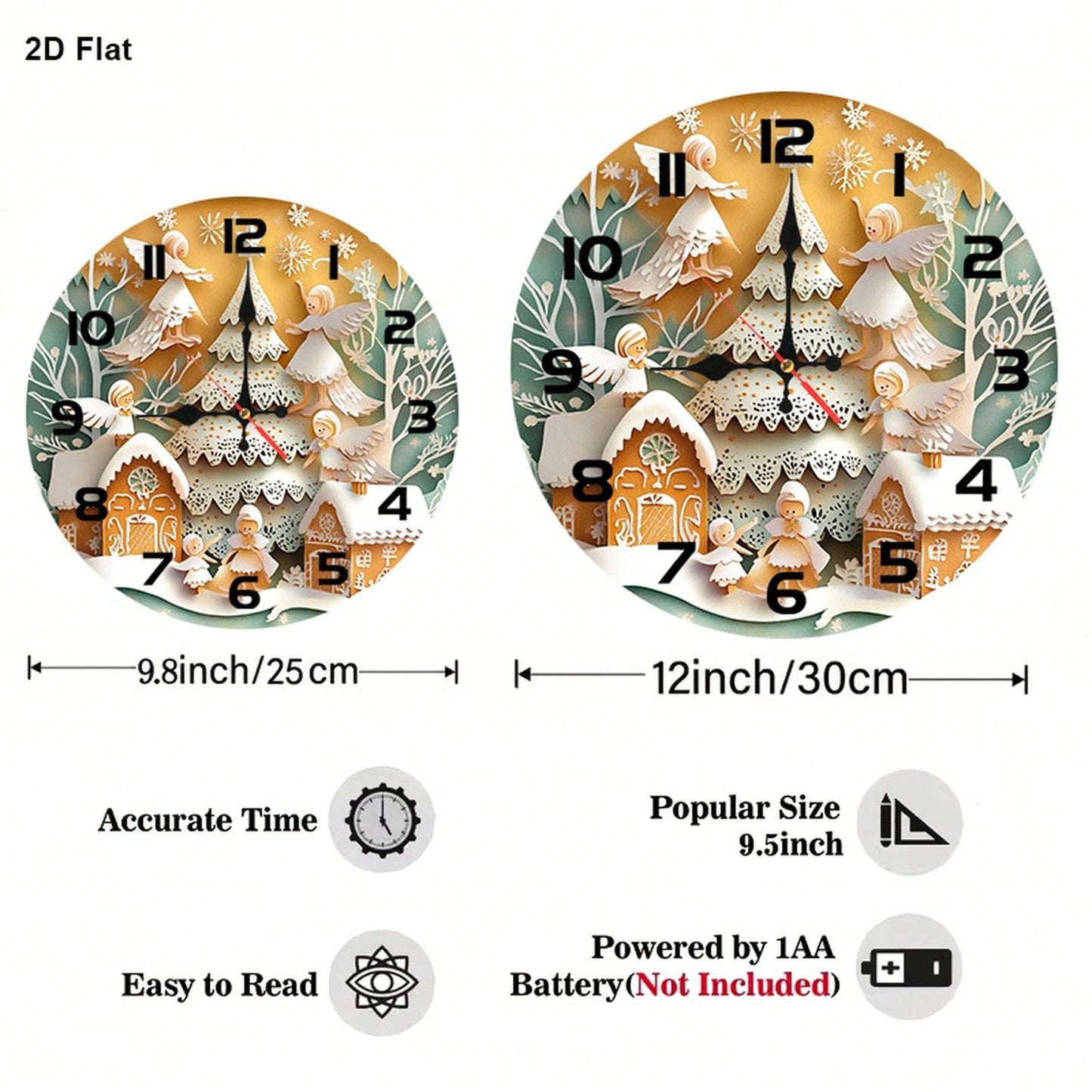1Pc 2D Flat Golden Angel Gingerbread House Print Wall Clock, 12Inch Silent Wooden Round Clock For Nursery Room, Christmas Nursery Home Decor Gift
