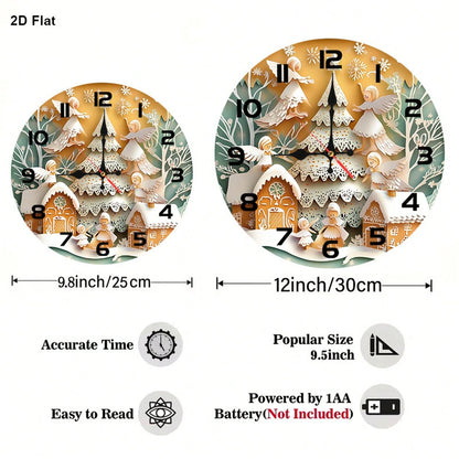 1Pc 2D Flat Golden Angel Gingerbread House Print Wall Clock, 12Inch Silent Wooden Round Clock For Nursery Room, Christmas Nursery Home Decor Gift