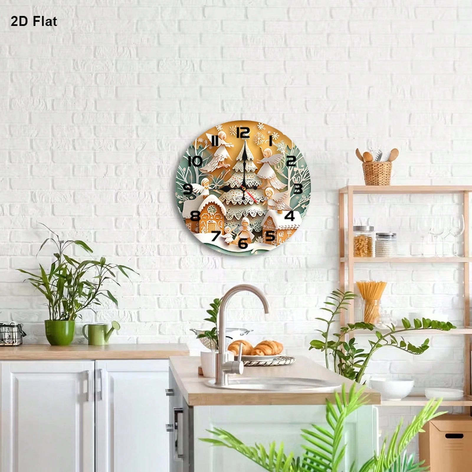 1Pc 2D Flat Golden Angel Gingerbread House Print Wall Clock, 12Inch Silent Wooden Round Clock For Nursery Room, Christmas Nursery Home Decor Gift