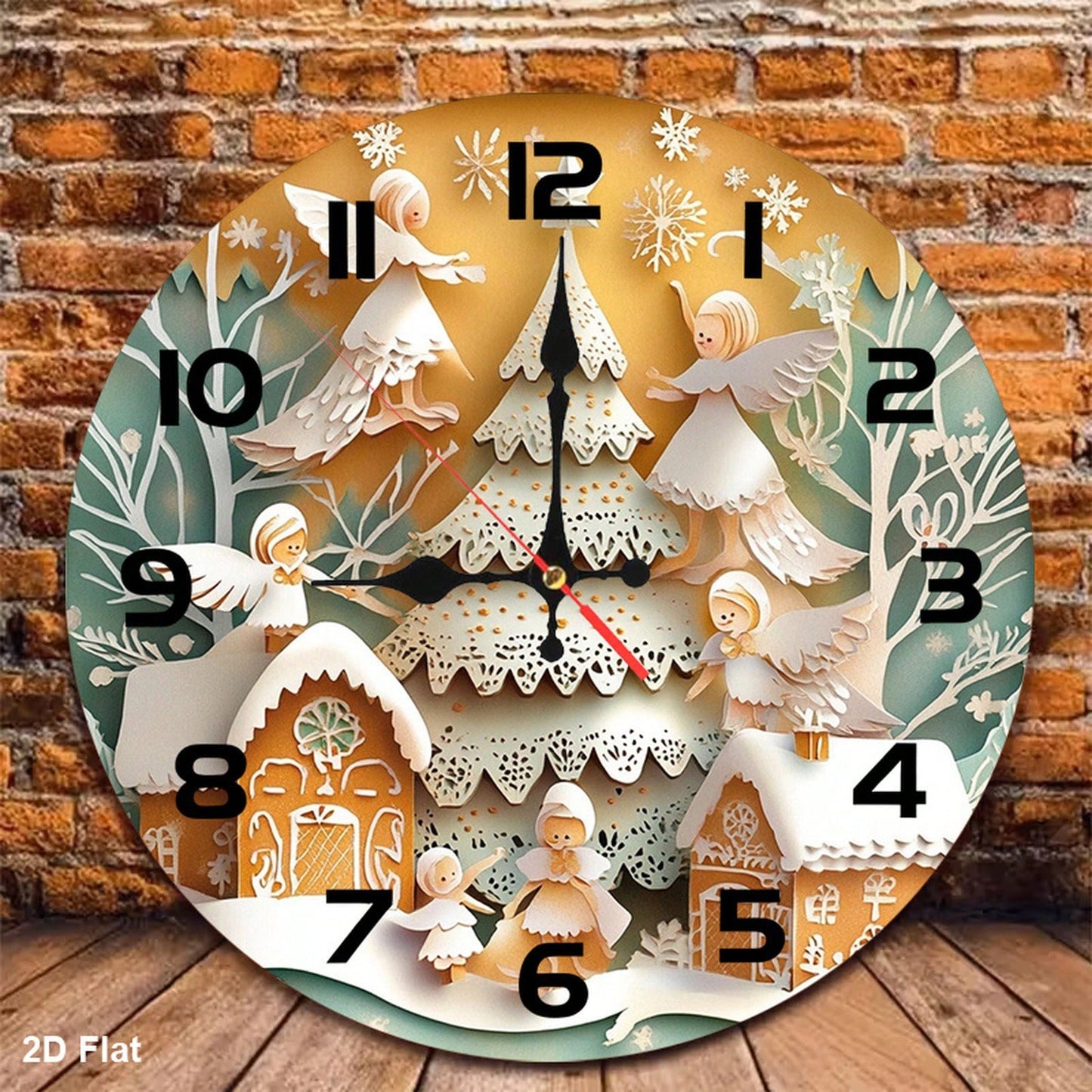 1Pc 2D Flat Golden Angel Gingerbread House Print Wall Clock, 12Inch Silent Wooden Round Clock For Nursery Room, Christmas Nursery Home Decor Gift