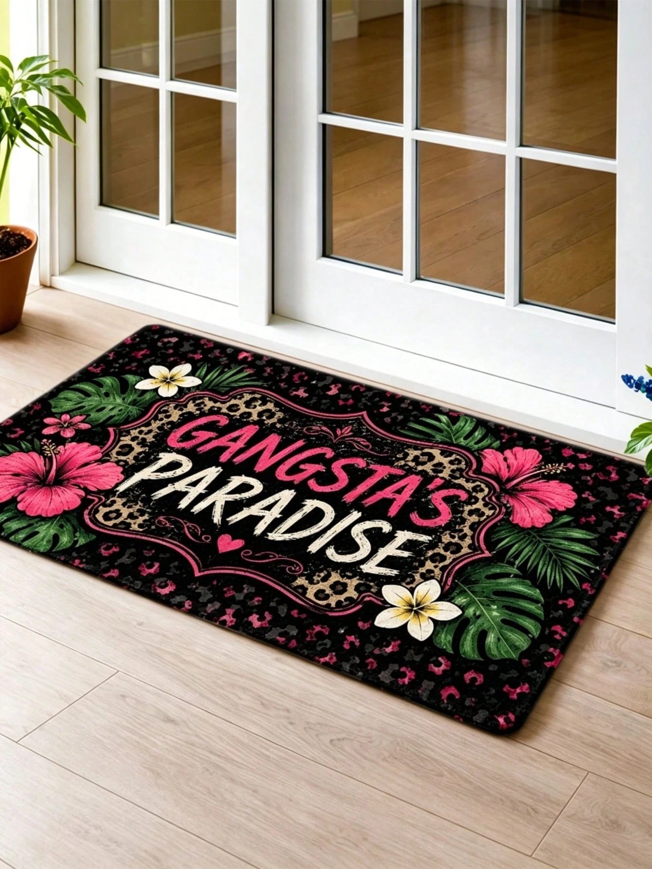 1pc 2D Flat Printing Rug, Outdoor Courtyard Door Mat, Gangsta'S Paradise Leopard Print Floral Pattern Rugs, Durable And Machine Washable Foot Mat, Living Room Bedroom Office Bathroom Corridor Kitchen