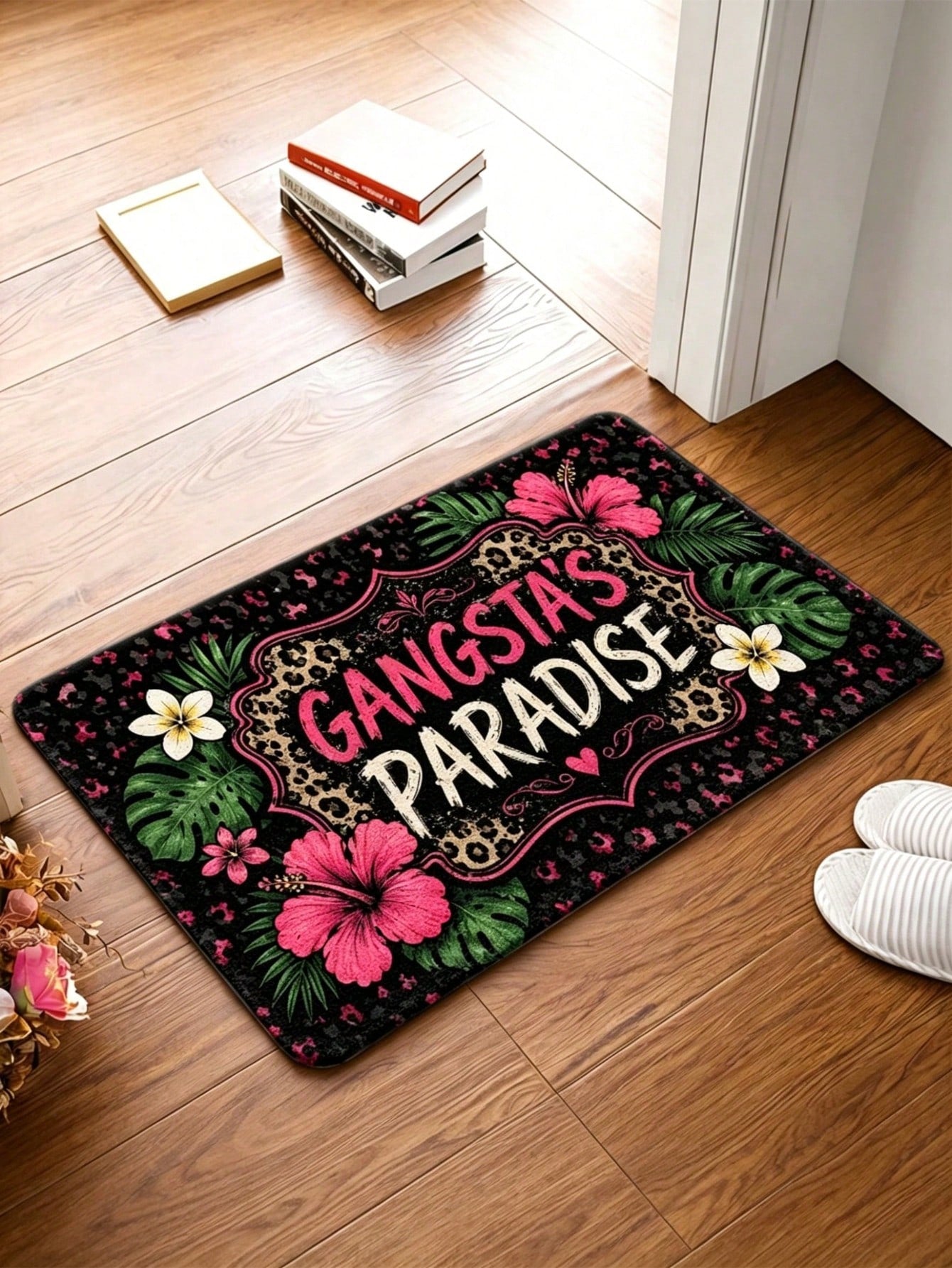 1pc 2D Flat Printing Rug, Outdoor Courtyard Door Mat, Gangsta'S Paradise Leopard Print Floral Pattern Rugs, Durable And Machine Washable Foot Mat, Living Room Bedroom Office Bathroom Corridor Kitchen