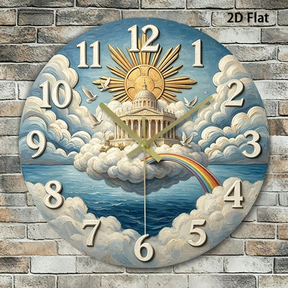 1Pc 2D Flat Rainbow Cloud Dove Print Wall Clock, 12Inch Silent Wooden Round Clock For Nursery Bedroom Kitchen Office, Peace Home Decor Gift