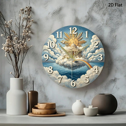 1Pc 2D Flat Rainbow Cloud Dove Print Wall Clock, 12Inch Silent Wooden Round Clock For Nursery Bedroom Kitchen Office, Peace Home Decor Gift