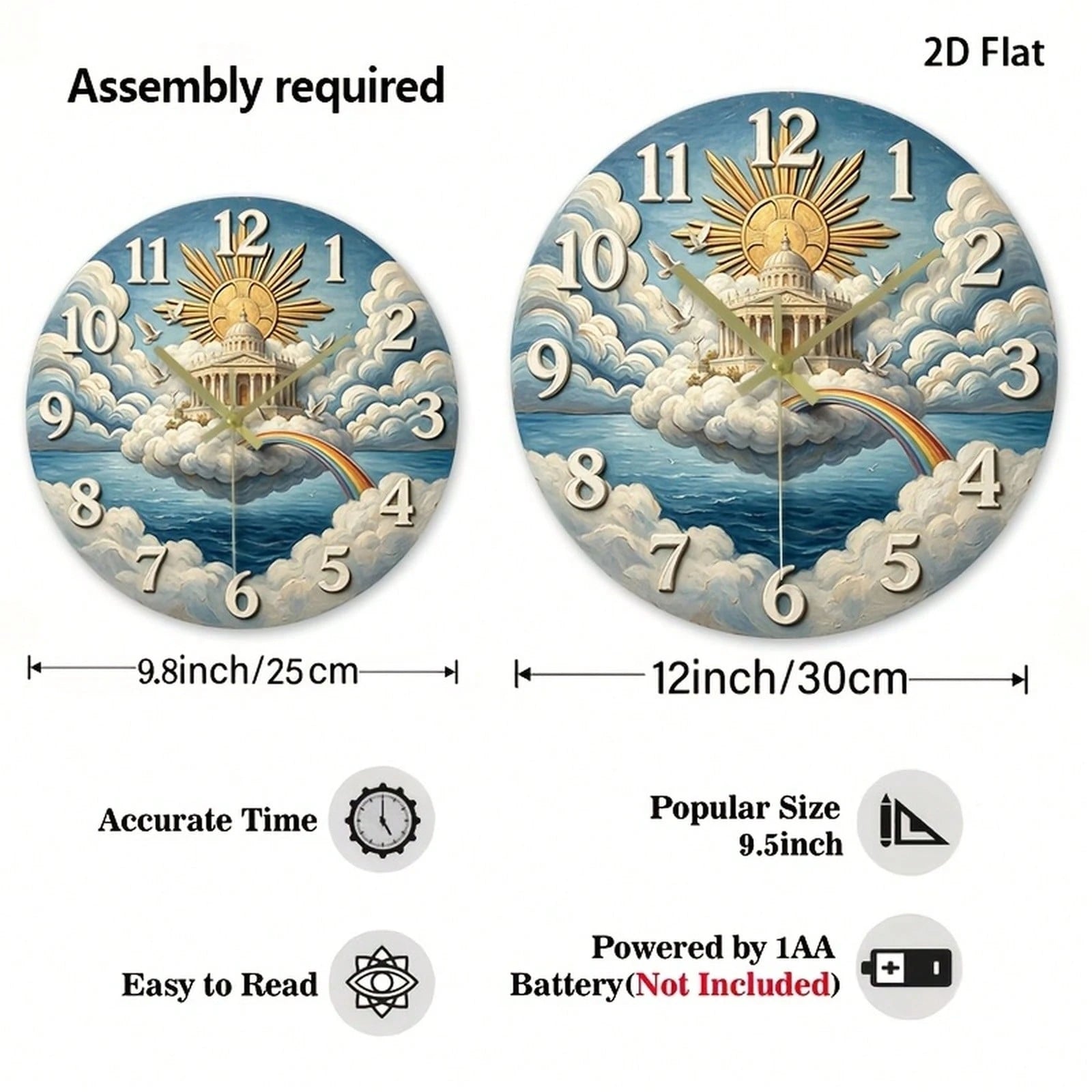 1Pc 2D Flat Rainbow Cloud Dove Print Wall Clock, 12Inch Silent Wooden Round Clock For Nursery Bedroom Kitchen Office, Peace Home Decor Gift