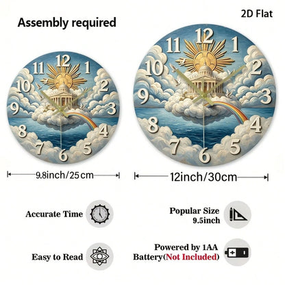 1Pc 2D Flat Rainbow Cloud Dove Print Wall Clock, 12Inch Silent Wooden Round Clock For Nursery Bedroom Kitchen Office, Peace Home Decor Gift