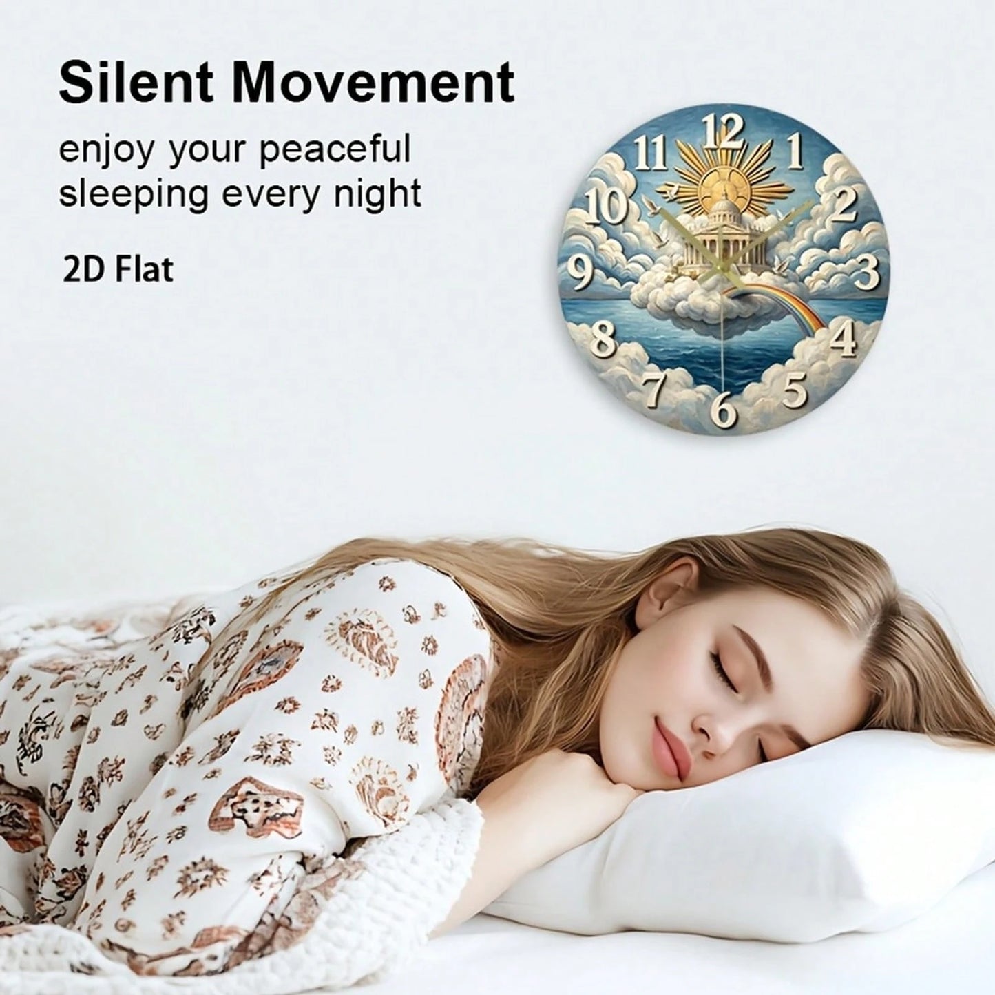 1Pc 2D Flat Rainbow Cloud Dove Print Wall Clock, 12Inch Silent Wooden Round Clock For Nursery Bedroom Kitchen Office, Peace Home Decor Gift