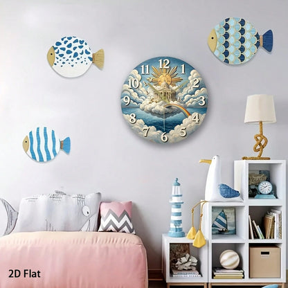 1Pc 2D Flat Rainbow Cloud Dove Print Wall Clock, 12Inch Silent Wooden Round Clock For Nursery Bedroom Kitchen Office, Peace Home Decor Gift