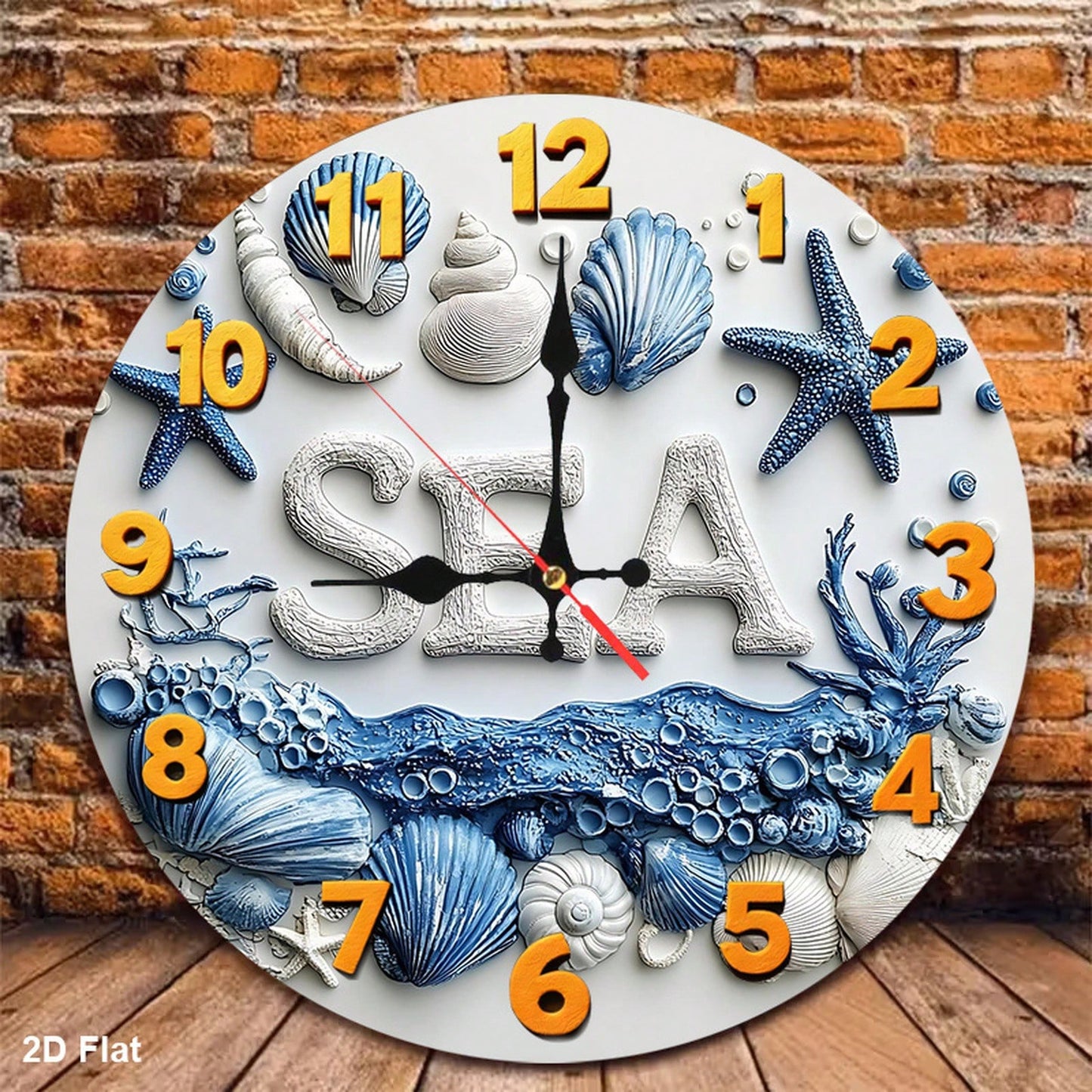 1Pc 2D Flat Underwater Seashell Starfish Print Wall Clock, 12Inch Silent Round Clock For Nursery Kitchen Bedroom Office Living Room, Ocean Theme Home
