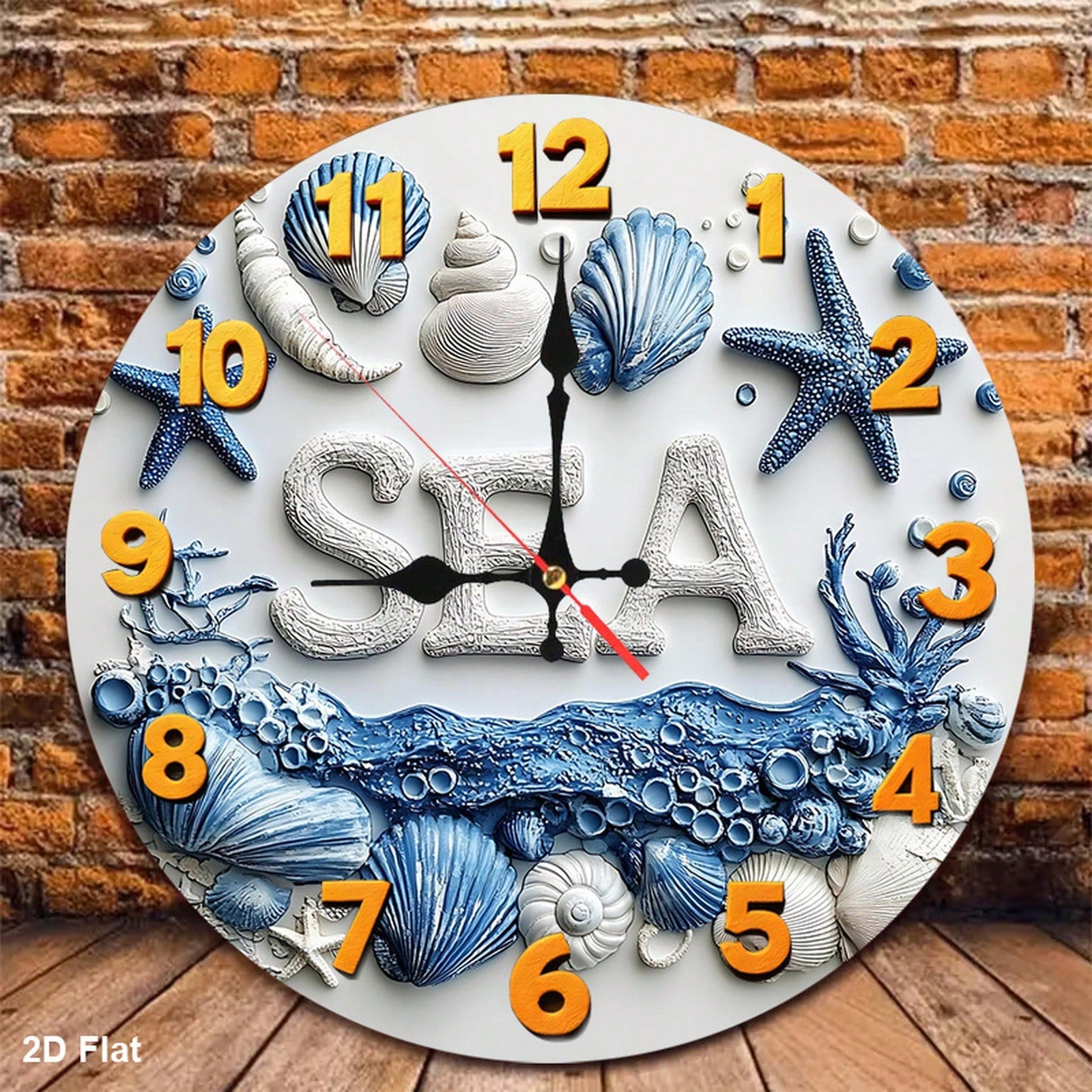 1Pc 2D Flat Underwater Seashell Starfish Print Wall Clock, 12Inch Silent Round Clock For Nursery Kitchen Bedroom Office Living Room, Ocean Theme Home