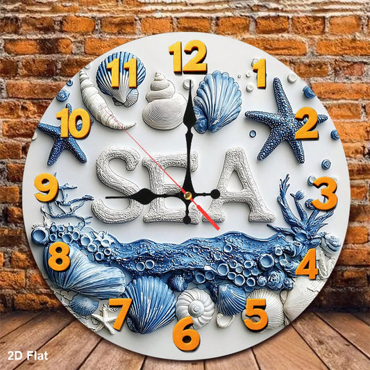 1Pc 2D Flat Underwater Seashell Starfish Print Wall Clock, 12Inch Silent Round Clock For Nursery Kitchen Bedroom Office Living Room, Ocean Theme Home
