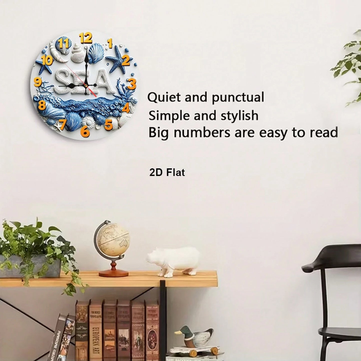 1Pc 2D Flat Underwater Seashell Starfish Print Wall Clock, 12Inch Silent Round Clock For Nursery Kitchen Bedroom Office Living Room, Ocean Theme Home
