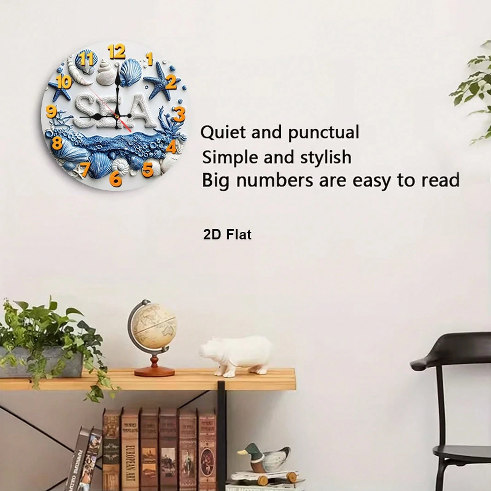 1Pc 2D Flat Underwater Seashell Starfish Print Wall Clock, 12Inch Silent Round Clock For Nursery Kitchen Bedroom Office Living Room, Ocean Theme Home