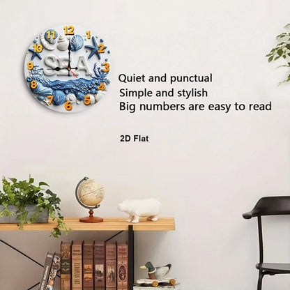 1Pc 2D Flat Underwater Seashell Starfish Print Wall Clock, 12Inch Silent Round Clock For Nursery Kitchen Bedroom Office Living Room, Ocean Theme Home