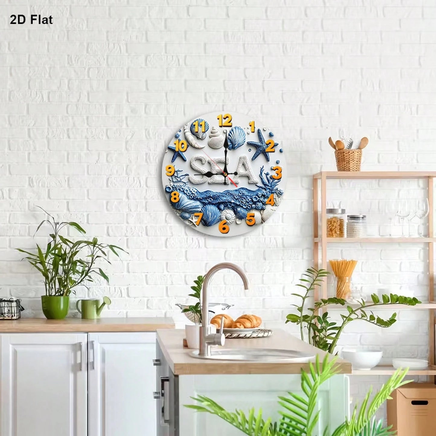 1Pc 2D Flat Underwater Seashell Starfish Print Wall Clock, 12Inch Silent Round Clock For Nursery Kitchen Bedroom Office Living Room, Ocean Theme Home