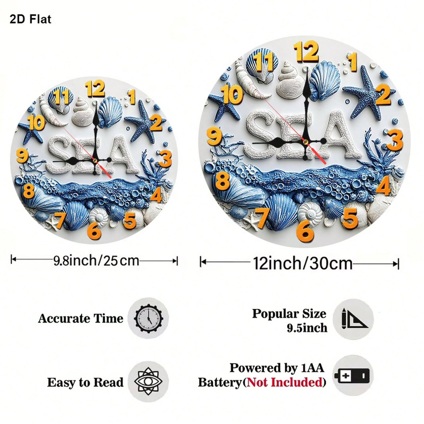 1Pc 2D Flat Underwater Seashell Starfish Print Wall Clock, 12Inch Silent Round Clock For Nursery Kitchen Bedroom Office Living Room, Ocean Theme Home