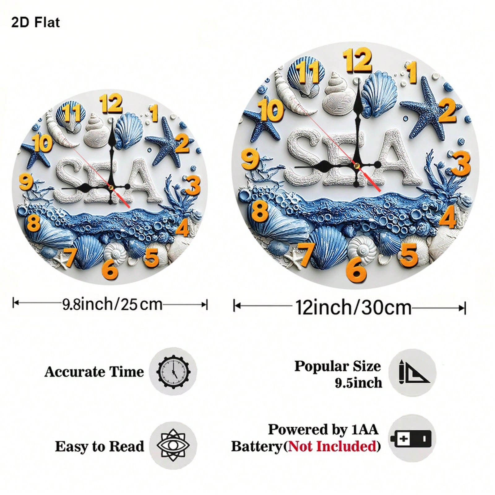 1Pc 2D Flat Underwater Seashell Starfish Print Wall Clock, 12Inch Silent Round Clock For Nursery Kitchen Bedroom Office Living Room, Ocean Theme Home