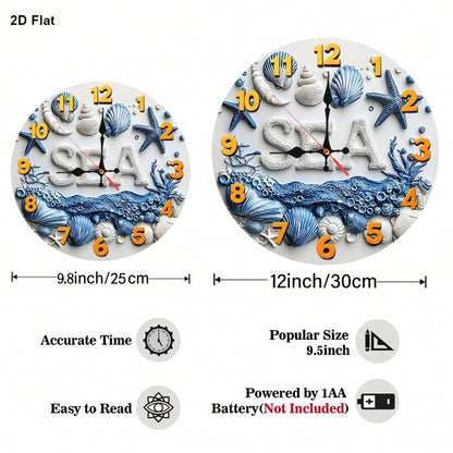 1Pc 2D Flat Underwater Seashell Starfish Print Wall Clock, 12Inch Silent Round Clock For Nursery Kitchen Bedroom Office Living Room, Ocean Theme Home