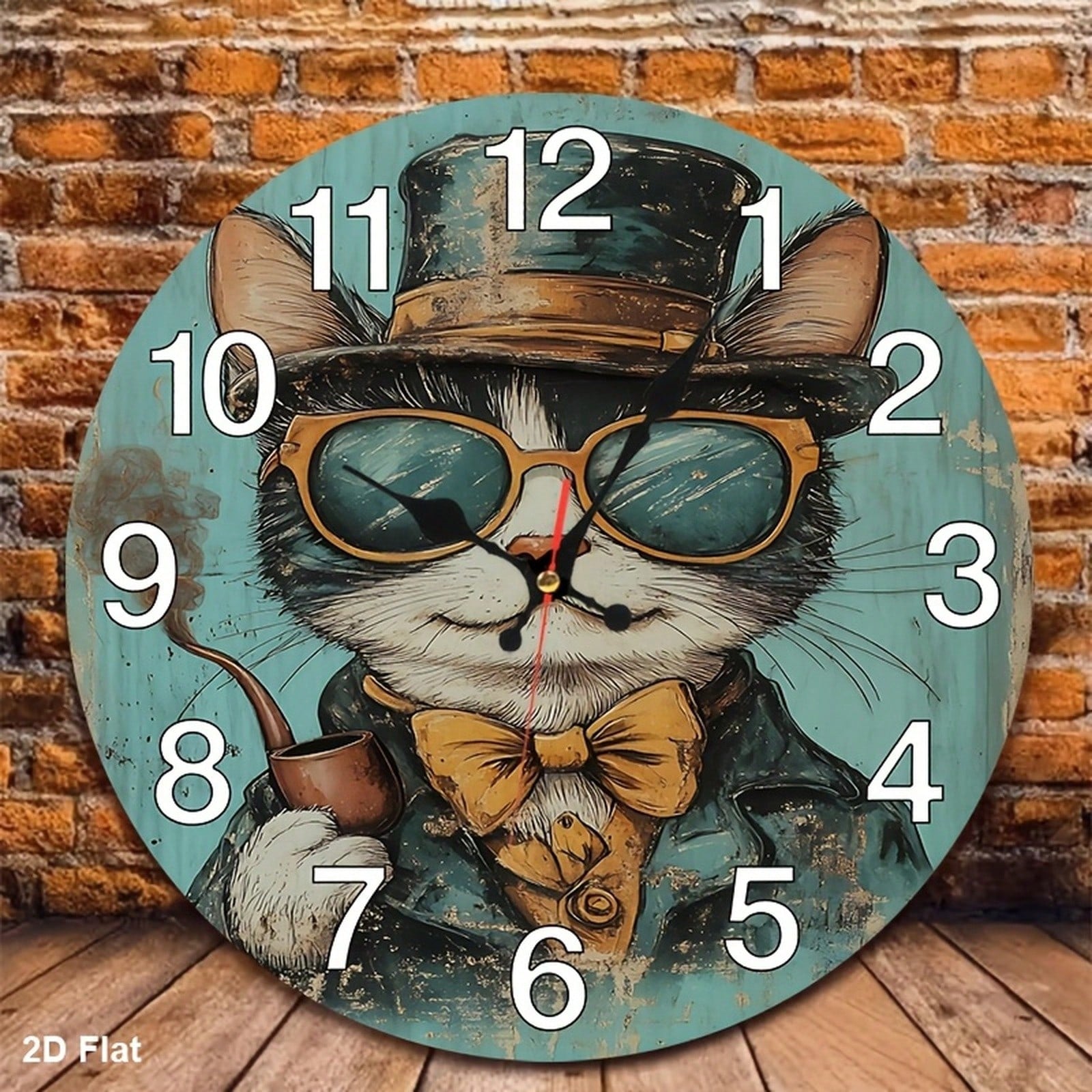 1Pc 2D Flat Vintage Gentleman Cat Print Wall Clock, 12Inch Silent Wooden Round Clock For Kitchen Classroom Office Home School Apartment