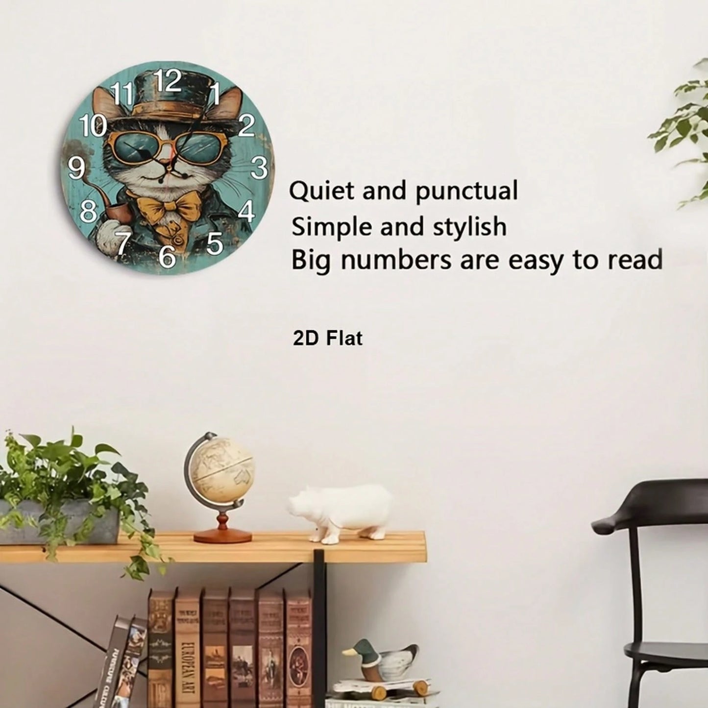1Pc 2D Flat Vintage Gentleman Cat Print Wall Clock, 12Inch Silent Wooden Round Clock For Kitchen Classroom Office Home School Apartment