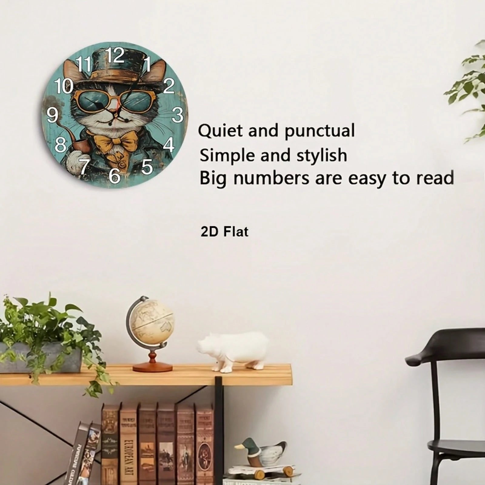1Pc 2D Flat Vintage Gentleman Cat Print Wall Clock, 12Inch Silent Wooden Round Clock For Kitchen Classroom Office Home School Apartment