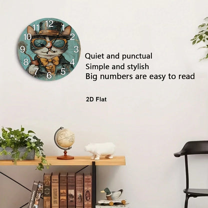 1Pc 2D Flat Vintage Gentleman Cat Print Wall Clock, 12Inch Silent Wooden Round Clock For Kitchen Classroom Office Home School Apartment