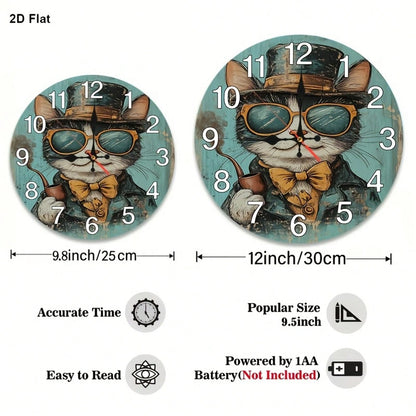 1Pc 2D Flat Vintage Gentleman Cat Print Wall Clock, 12Inch Silent Wooden Round Clock For Kitchen Classroom Office Home School Apartment