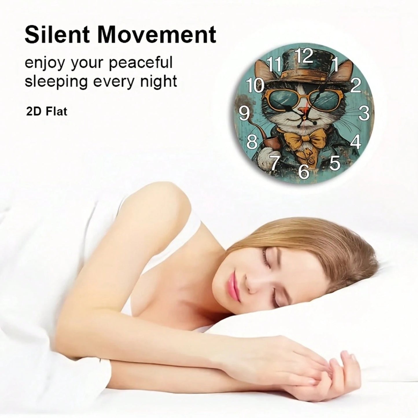 1Pc 2D Flat Vintage Gentleman Cat Print Wall Clock, 12Inch Silent Wooden Round Clock For Kitchen Classroom Office Home School Apartment