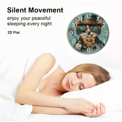 1Pc 2D Flat Vintage Gentleman Cat Print Wall Clock, 12Inch Silent Wooden Round Clock For Kitchen Classroom Office Home School Apartment