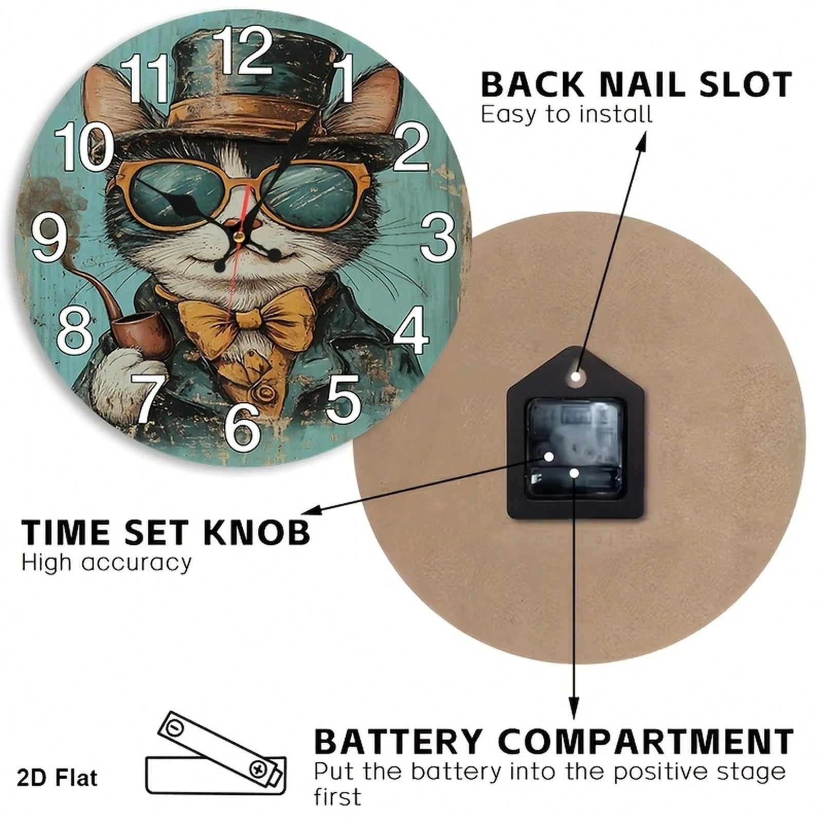1Pc 2D Flat Vintage Gentleman Cat Print Wall Clock, 12Inch Silent Wooden Round Clock For Kitchen Classroom Office Home School Apartment