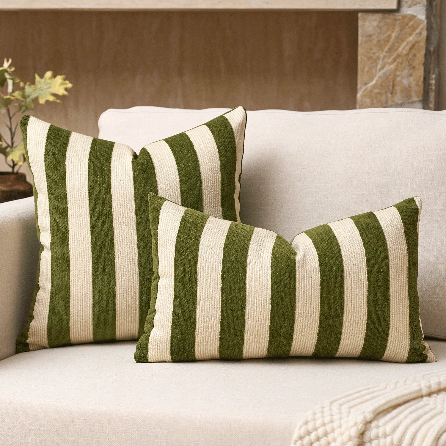 1pc/2pcs Beige-Chocolate Striped Chenille Decorative Throw Pillow Cover, Soft Modern Abstract Bohemian Style Home Decor Cushion For Sofa, Bedroom, Living Room, Suitable For All Seasons, Also Can Be Us