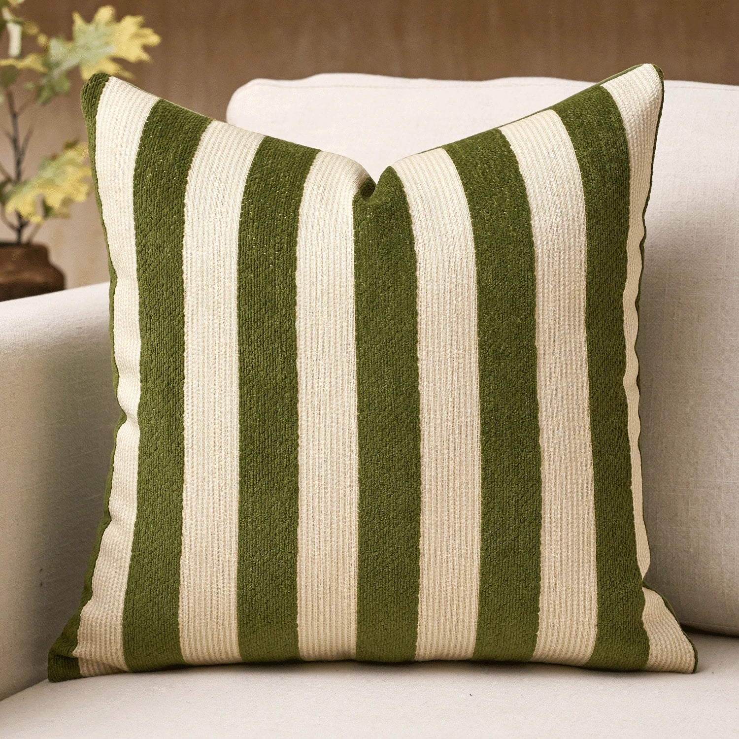 1pc/2pcs Beige-Chocolate Striped Chenille Decorative Throw Pillow Cover, Soft Modern Abstract Bohemian Style Home Decor Cushion For Sofa, Bedroom, Living Room, Suitable For All Seasons, Also Can Be Us