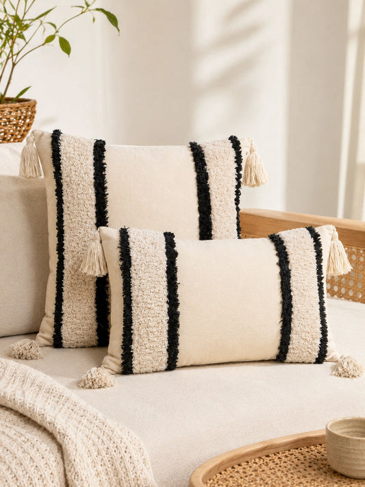 1pc/2pcs Black & White Striped Bohemian Style Tufted Striped Pillowcase, Modern Country Style Black & Ivory Textured Pillowcase With Tassel Corner Decor, Hidden Zipper, All-Season Decorative Pillowcas
