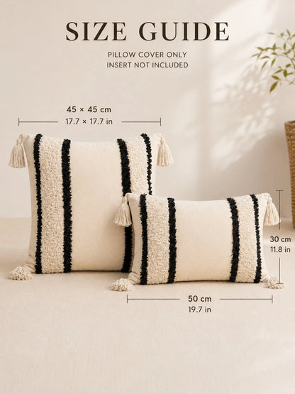 1pc/2pcs Black & White Striped Bohemian Style Tufted Striped Pillowcase, Modern Country Style Black & Ivory Textured Pillowcase With Tassel Corner Decor, Hidden Zipper, All-Season Decorative Pillowcas