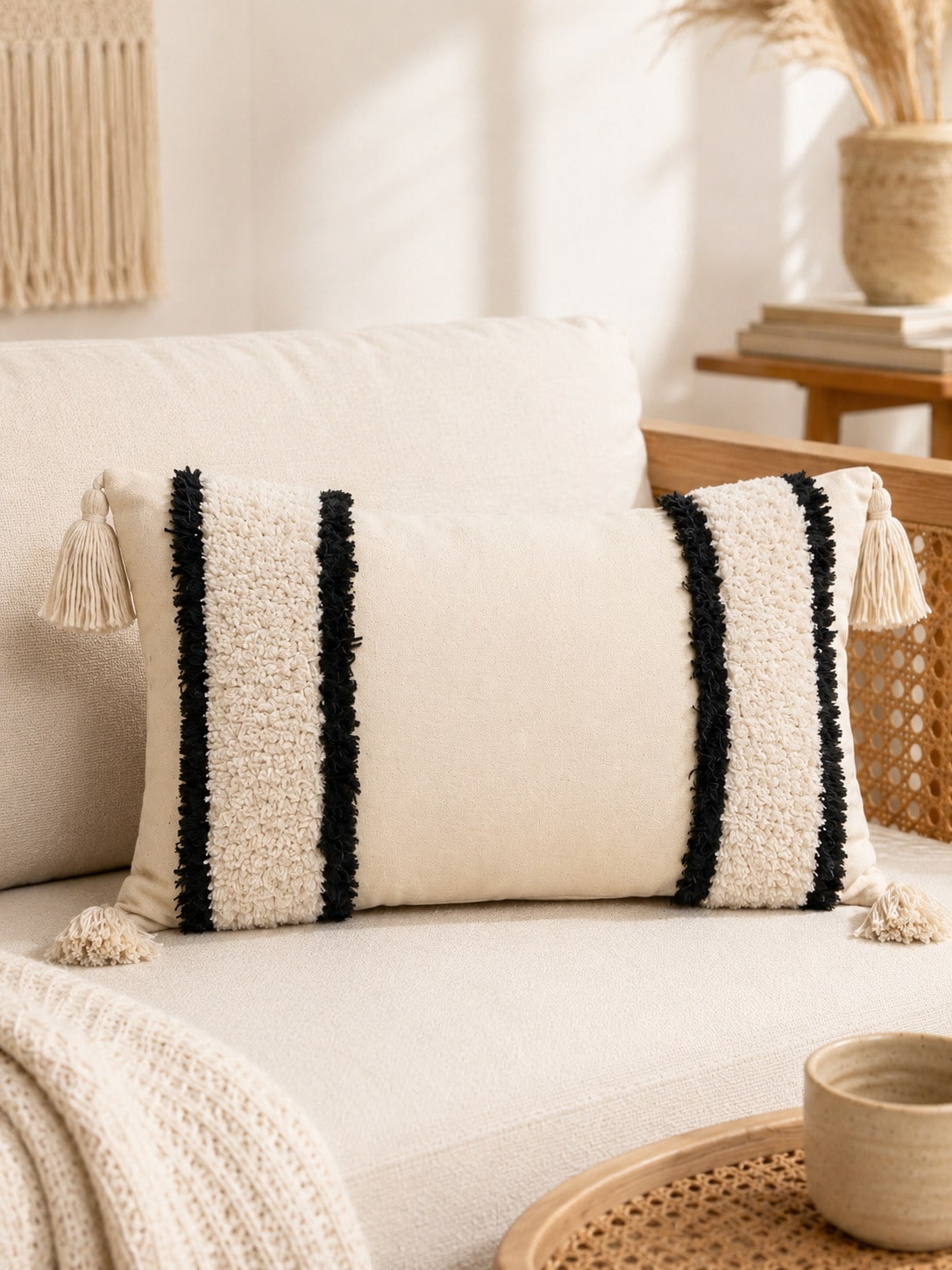 1pc/2pcs Black & White Striped Bohemian Style Tufted Striped Pillowcase, Modern Country Style Black & Ivory Textured Pillowcase With Tassel Corner Decor, Hidden Zipper, All-Season Decorative Pillowcas