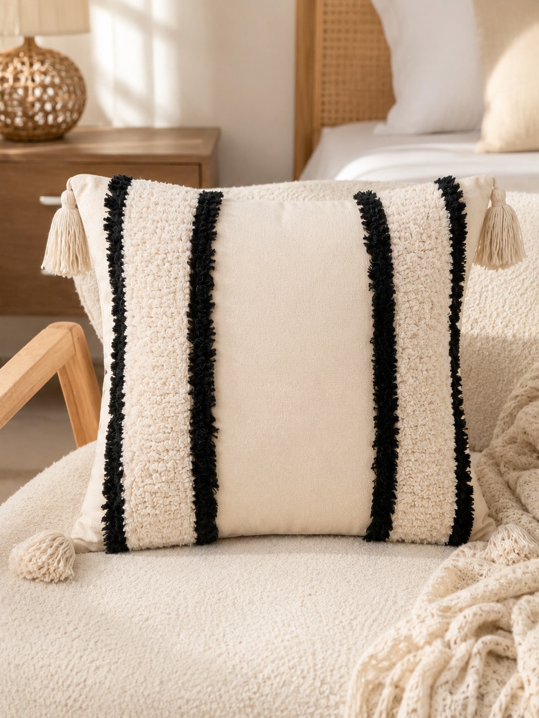 1pc/2pcs Black & White Striped Bohemian Style Tufted Striped Pillowcase, Modern Country Style Black & Ivory Textured Pillowcase With Tassel Corner Decor, Hidden Zipper, All-Season Decorative Pillowcas