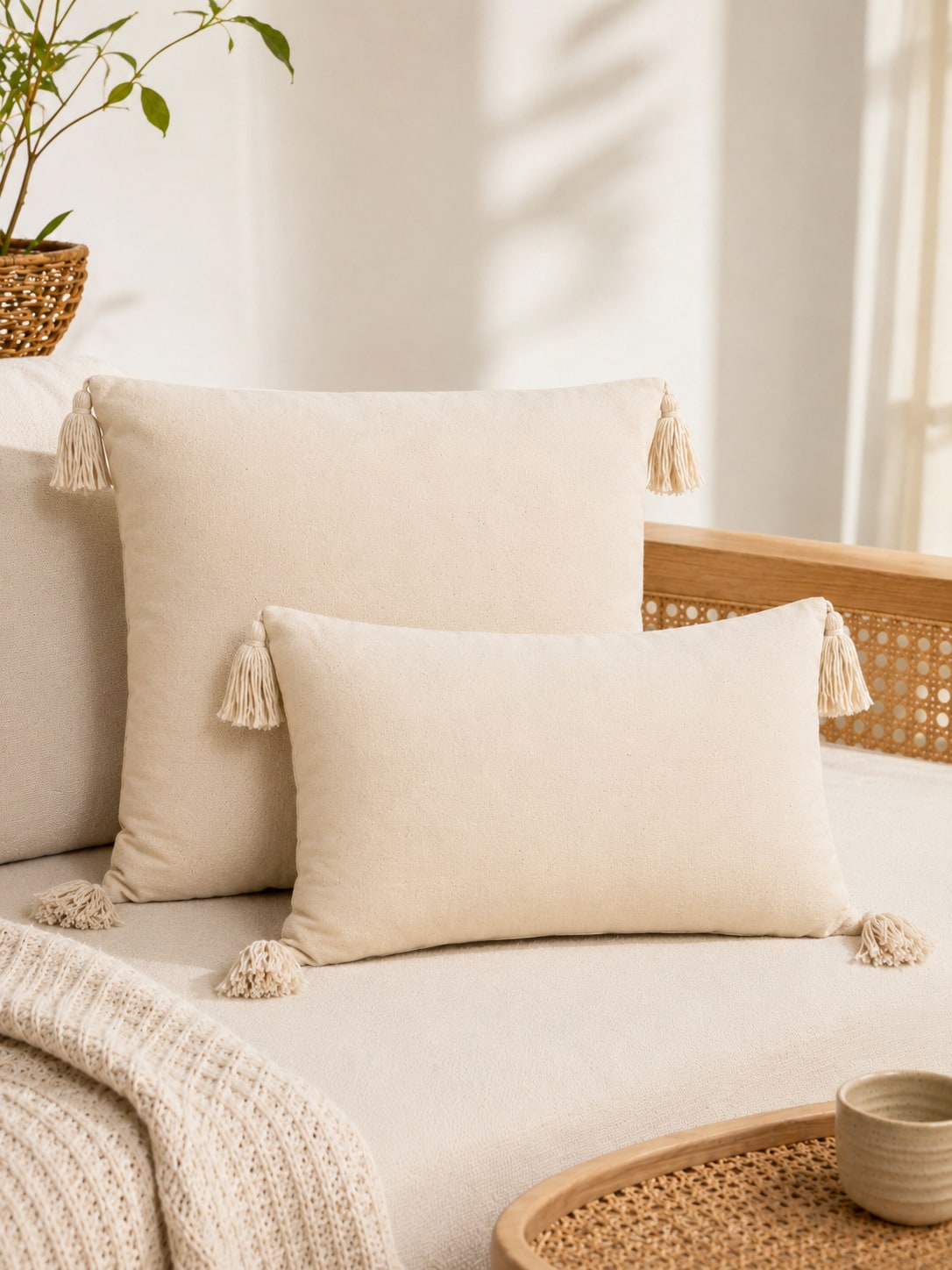 1pc/2pcs Black & White Striped Bohemian Style Tufted Striped Pillowcase, Modern Country Style Black & Ivory Textured Pillowcase With Tassel Corner Decor, Hidden Zipper, All-Season Decorative Pillowcas