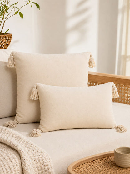 1pc/2pcs Black & White Striped Bohemian Style Tufted Striped Pillowcase, Modern Country Style Black & Ivory Textured Pillowcase With Tassel Corner Decor, Hidden Zipper, All-Season Decorative Pillowcas