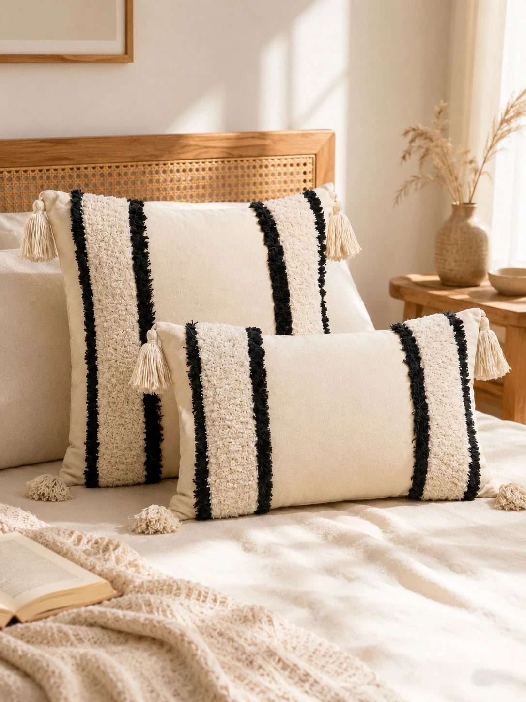 1pc/2pcs Black & White Striped Bohemian Style Tufted Striped Pillowcase, Modern Country Style Black & Ivory Textured Pillowcase With Tassel Corner Decor, Hidden Zipper, All-Season Decorative Pillowcas