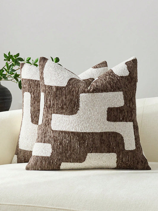 1pc/2pcs Brown Geometric Patchwork Pattern Throw Pillow Cover, Modern High-Density Jacquard Chenille Square Customized Decorative Cushion Cover For Home, Sofa, Bed, Chair, Party, Gift For Friends, Sui