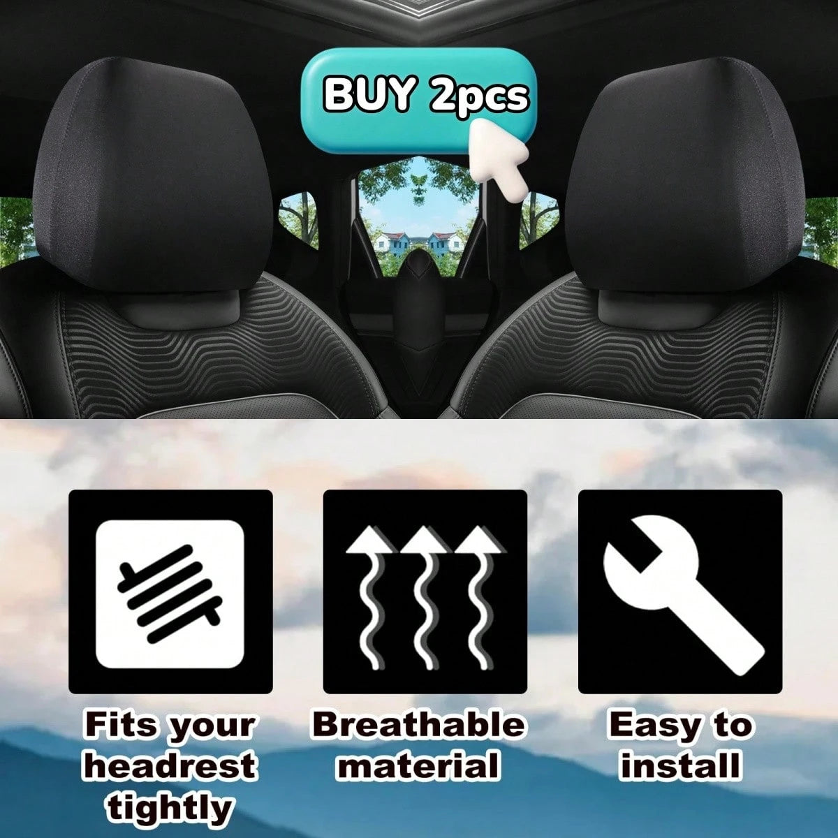 1pc/2pcs Car Headrest Cover, Size 23*23cm, Made Of Polyester Fiber Or PU Leather, Full Coverage Dust-Proof Protector, Stretchable Opening, Protect Car Seat Headrest, Suitable For Car Decor- Solid Col