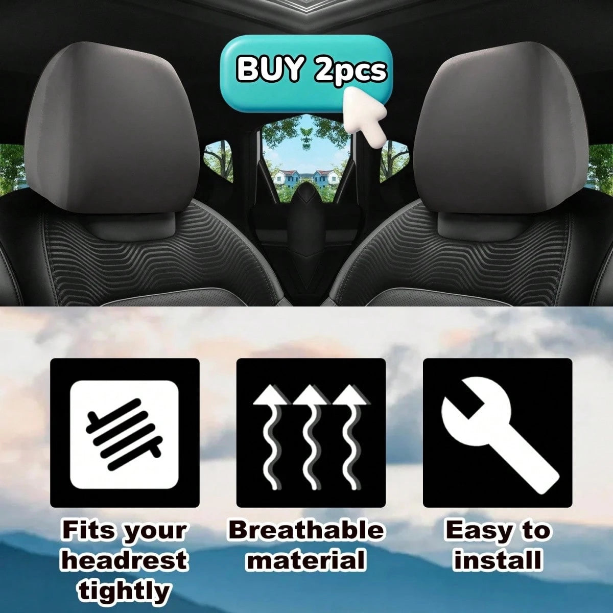 1pc/2pcs Car Headrest Cover, Size 23*23cm, Made Of Polyester Fiber Or PU Leather, Full Coverage Dust-Proof Protector, Stretchable Opening, Protect Car Seat Headrest, Suitable For Car Decor- Solid Col