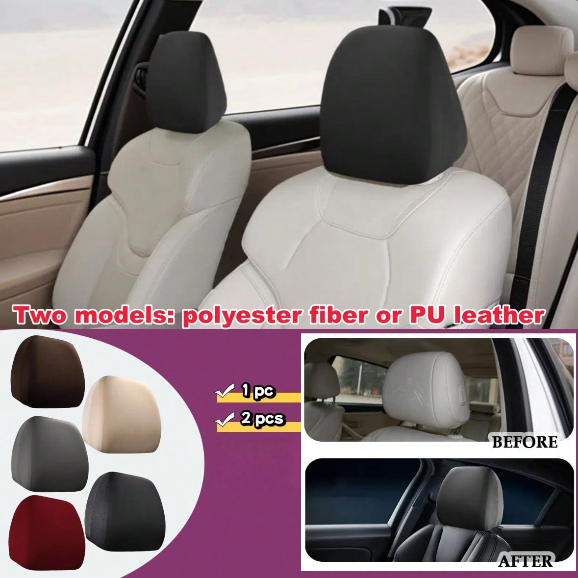 1pc/2pcs Car Headrest Cover, Size 23*23cm, Made Of Polyester Fiber Or PU Leather, Full Coverage Dust-Proof Protector, Stretchable Opening, Protect Car Seat Headrest, Suitable For Car Decor- Solid Col