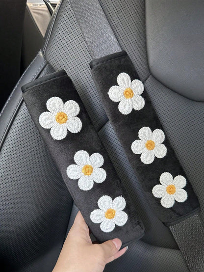 1pc/2pcs Car Seat Belt Shoulder Pad With 3 Small Flowers, Fits All Vehicle Models