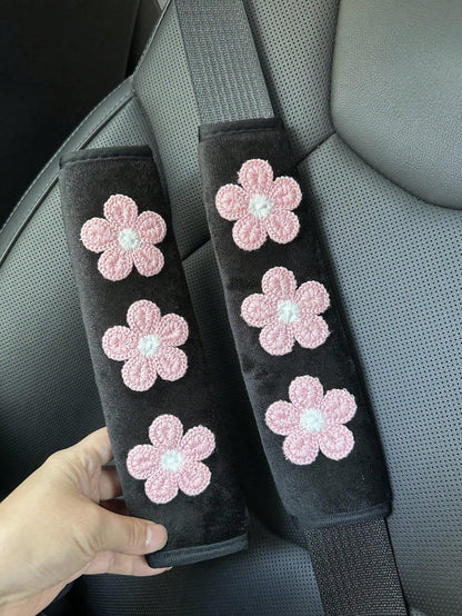 1pc/2pcs Car Seat Belt Shoulder Pad With 3 Small Flowers, Fits All Vehicle Models