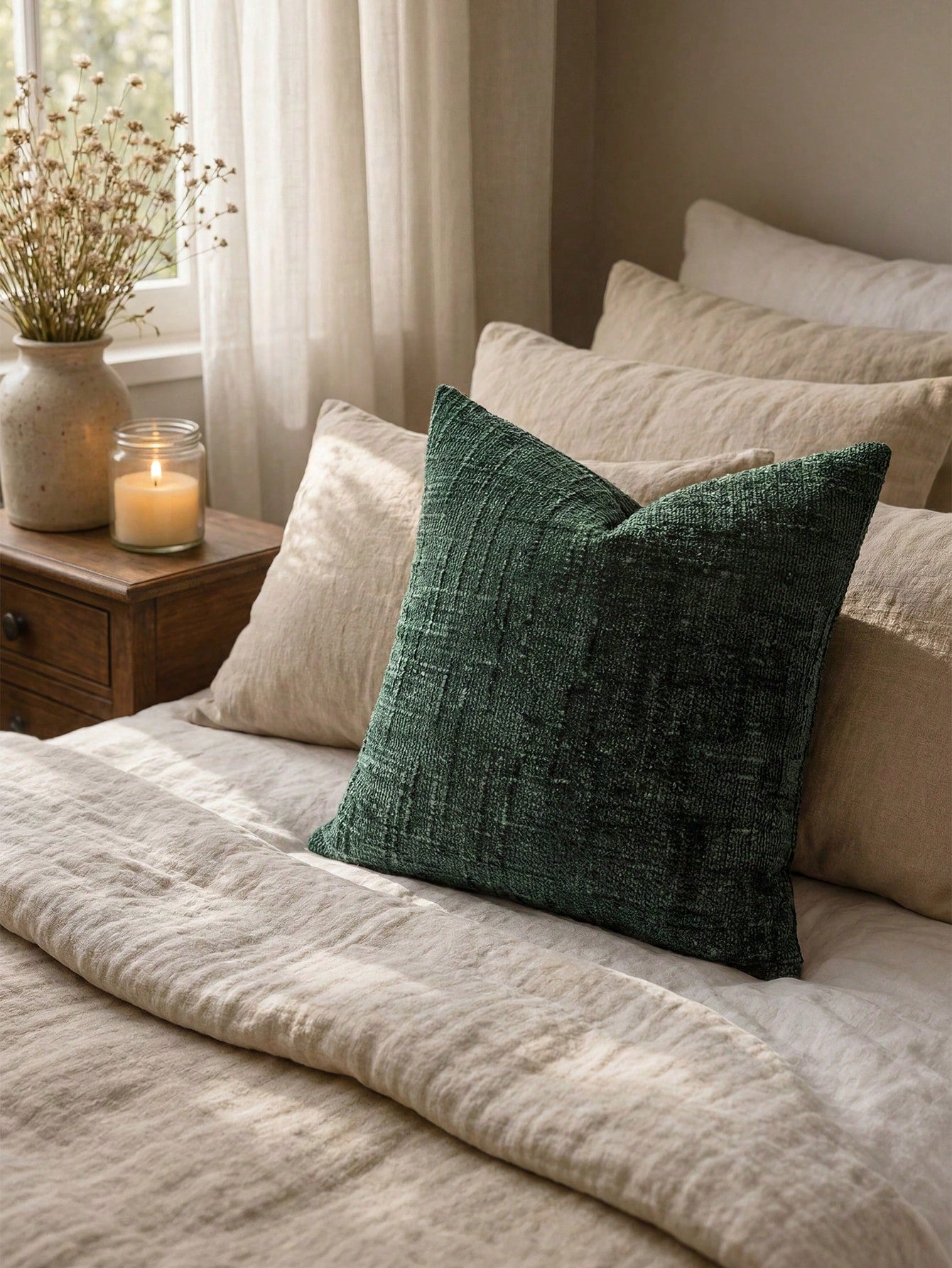 1PC/2PCS Halloween, Halloween Decoration, Dark Green Textured Chenille Pillow Case 400gsm Thickened Double-Sided Same Material Wabi-Sabi Style Home Square Sofa Cushion Cover Without Insert