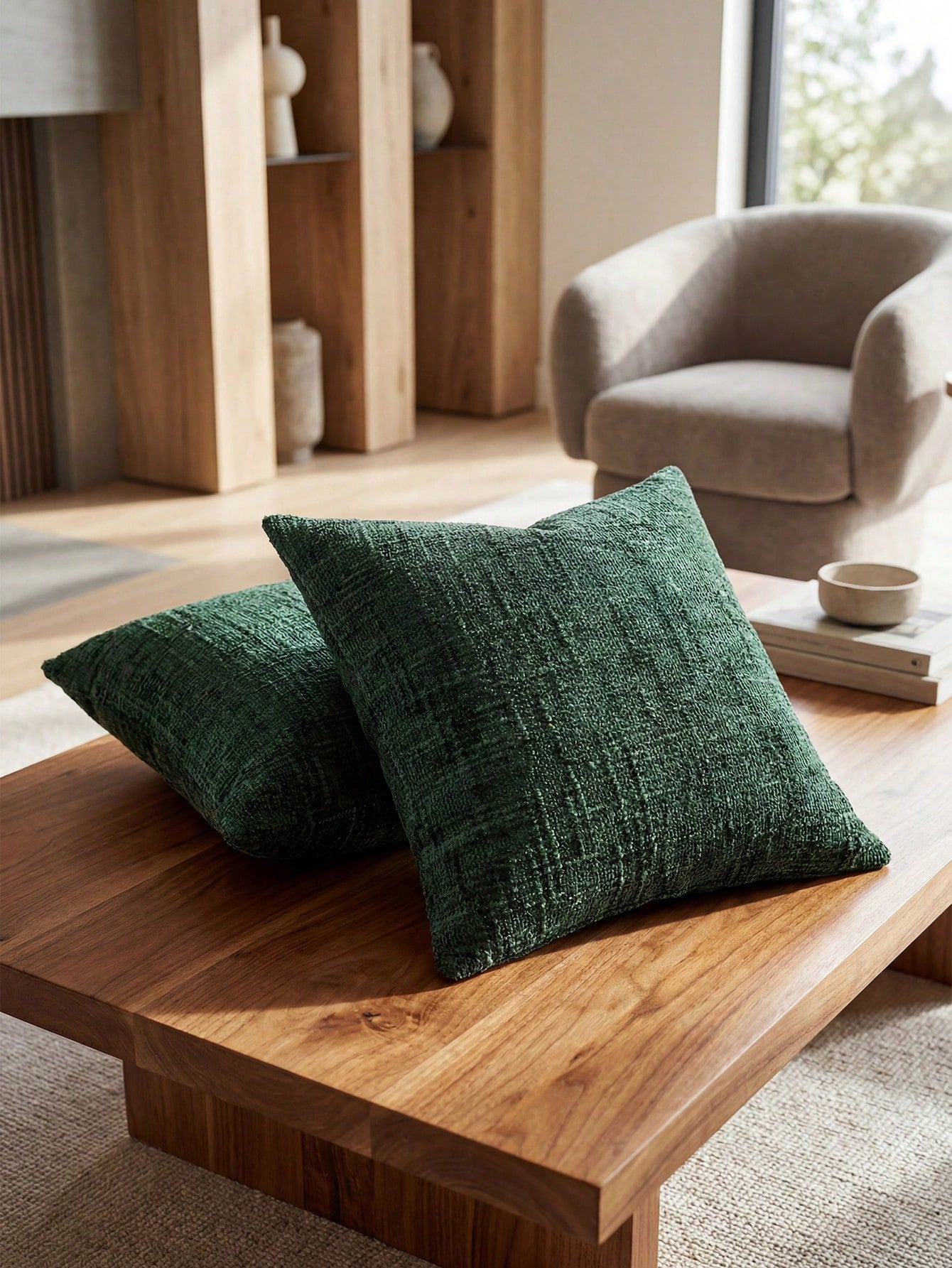 1PC/2PCS Halloween, Halloween Decoration, Dark Green Textured Chenille Pillow Case 400gsm Thickened Double-Sided Same Material Wabi-Sabi Style Home Square Sofa Cushion Cover Without Insert